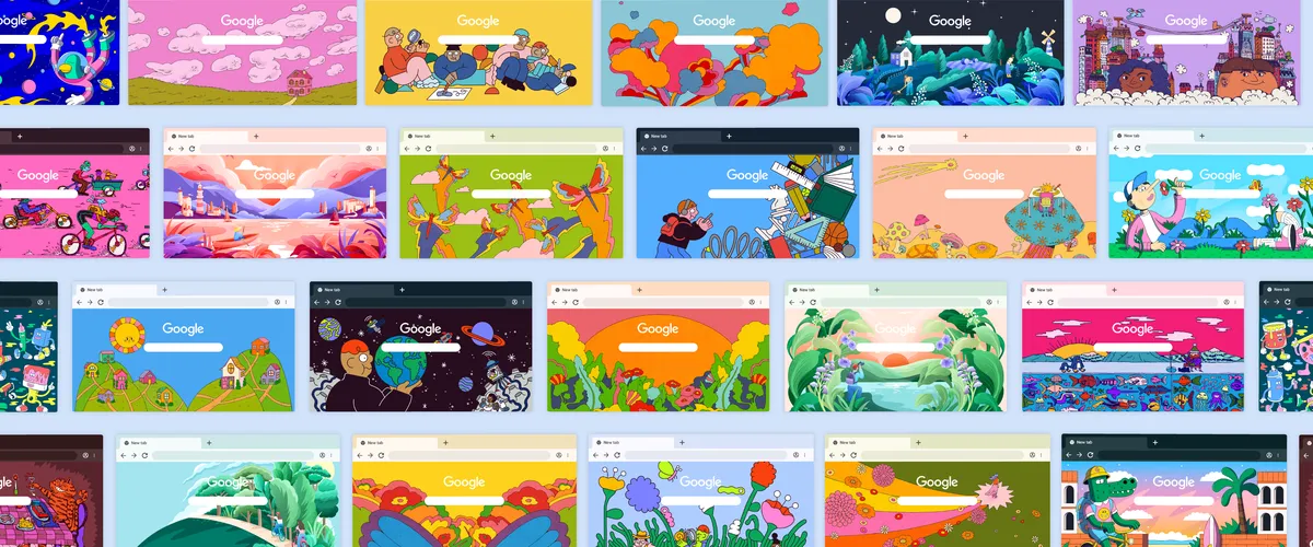 Image of a sample collection of new Chrome themes available from the Rising Artists Series