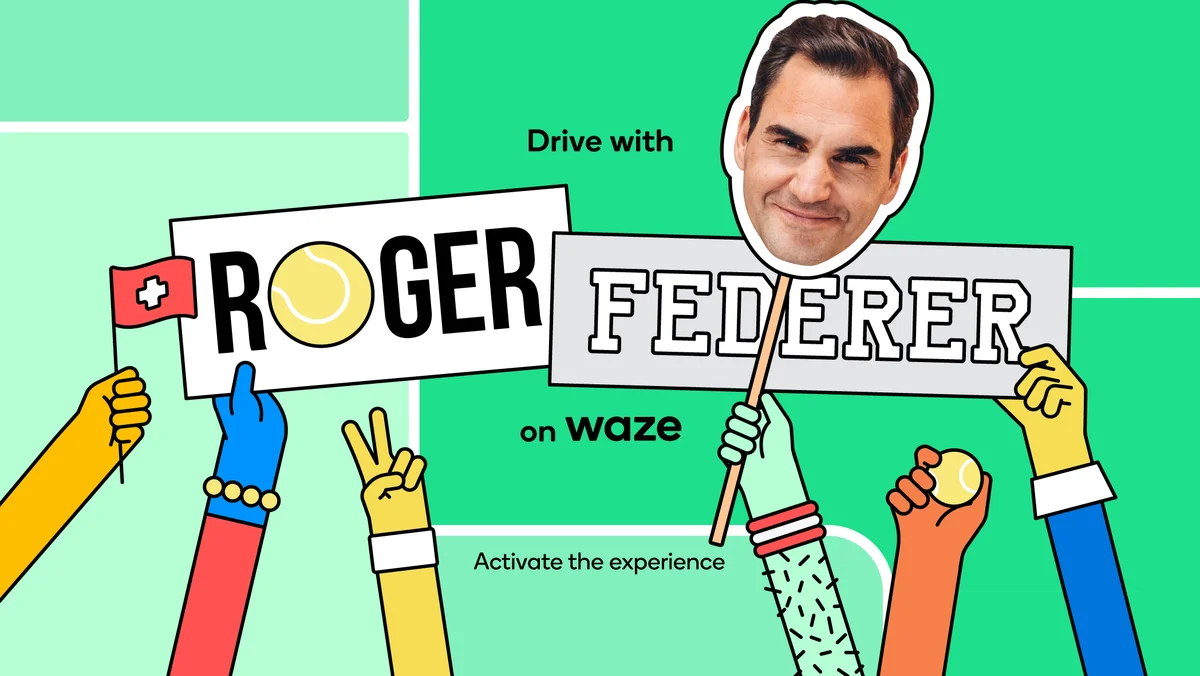An illustration of various hands holding up a Swiss flag, tennis balls, and a photo of Roger Federer.