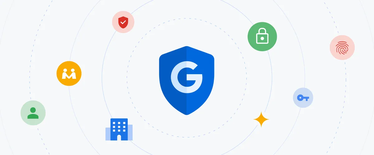 a blue shield with a G on it surrounded by several icons