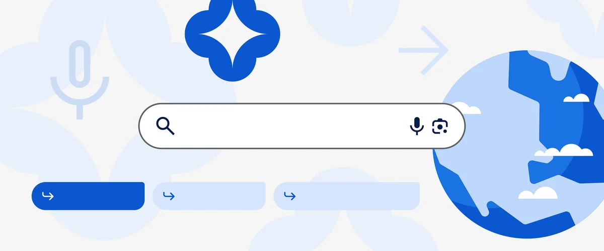 The Search bar superimposed against an abstract blue and white background.