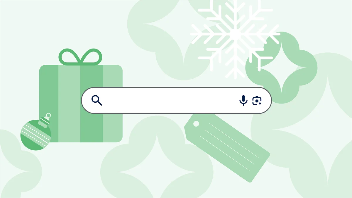 A search bar is surrounded by green designs including holiday items like gifts, gift tags, and a holiday ornament.