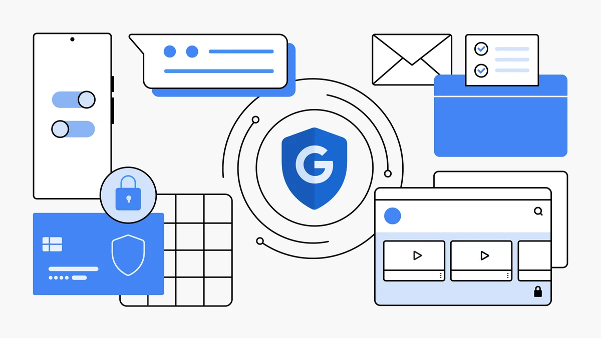 Illustrated collage of security features like locks, shields and secured envelopes