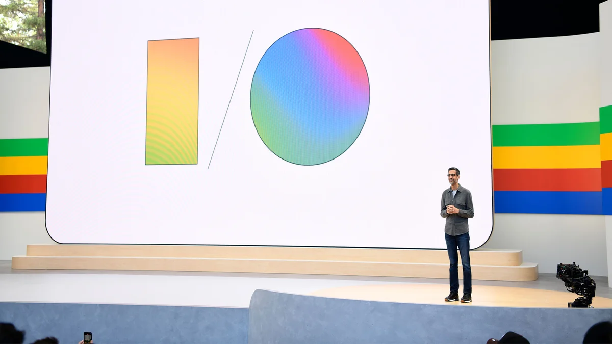 Immagine del logo di Google I/O colorata su una grafica simile a un pavimento