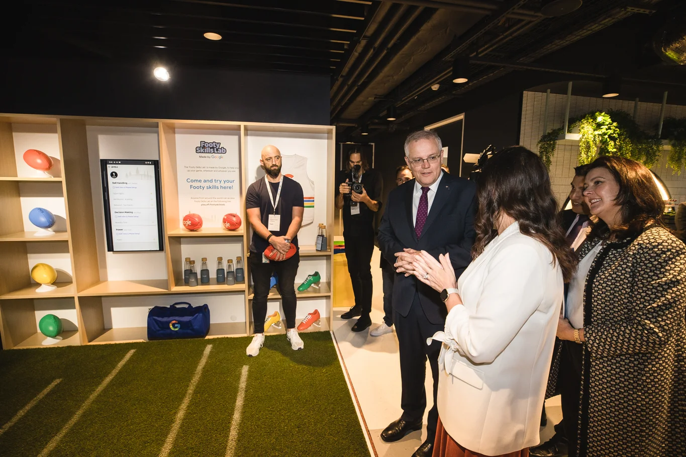 Prime Minister Scott Morrison hearing about the Footy Skills Lab app
