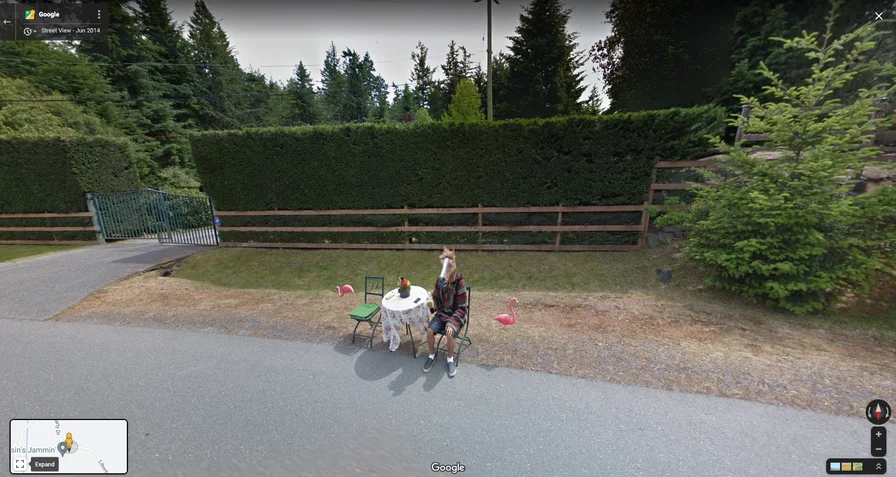 Street View image of a  person in a horse mask eating a banana next to a table on the side of the road