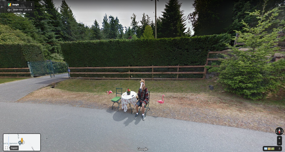 Street View image of a person in a horse mask eating a banana next to a table on the side of the road