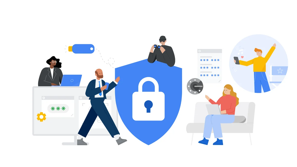 Illustration of people using technology surrounding an image of a lock and shield.
