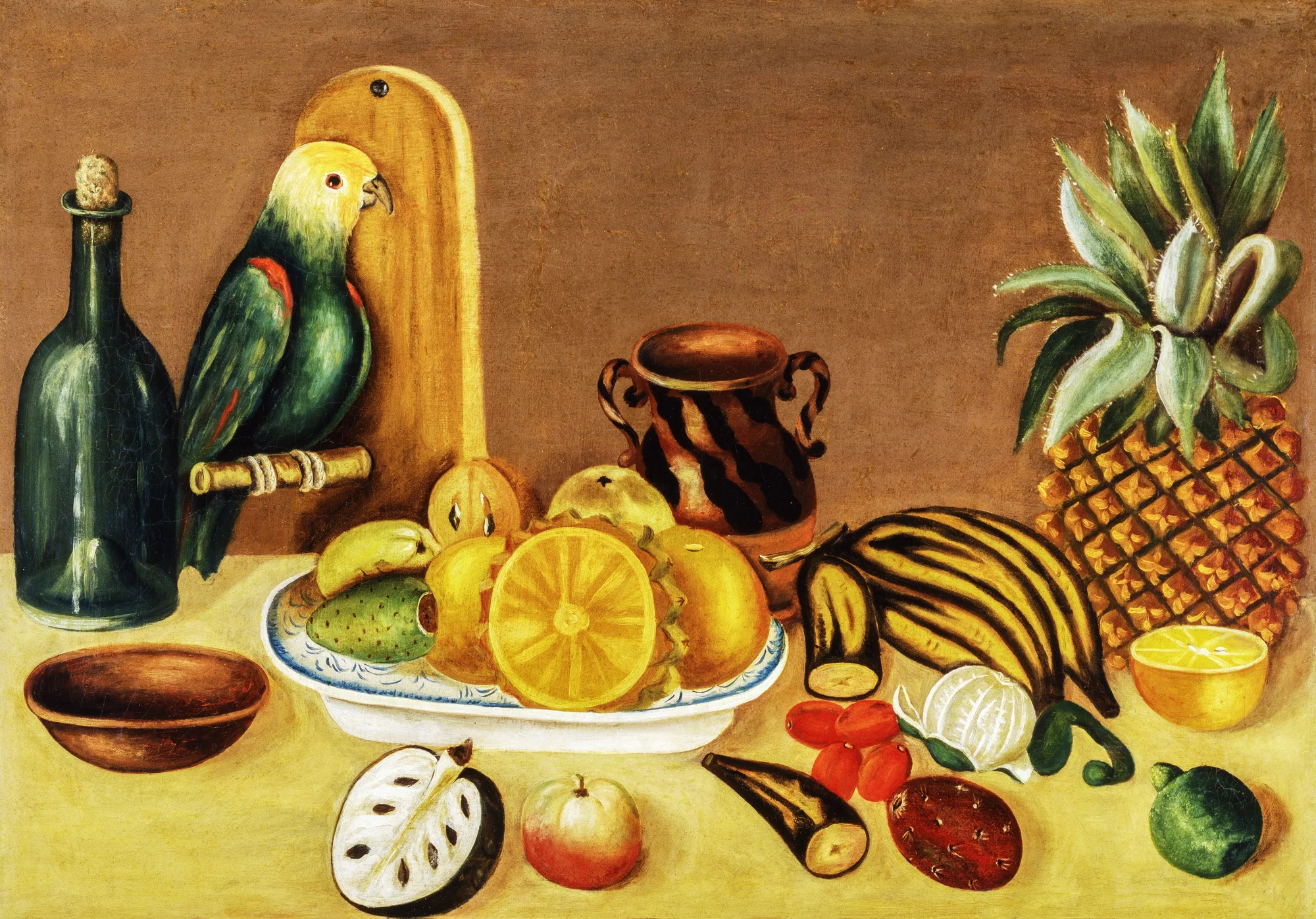 painting of a parrot by a table of fruit