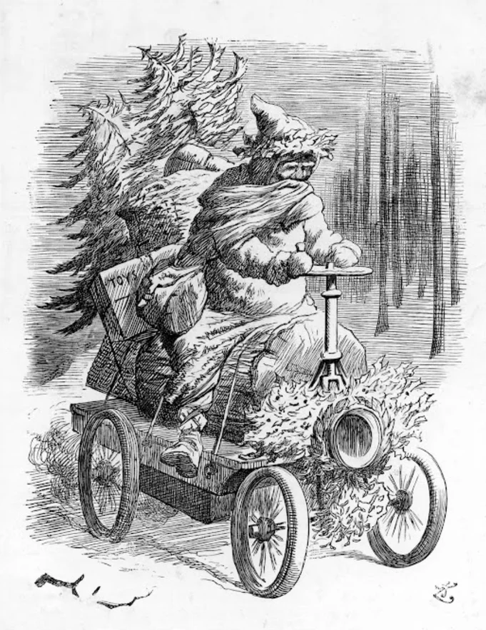 Sketch of Santa driving an early car