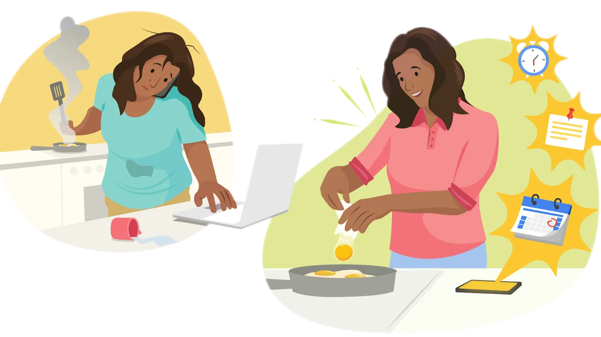 Before and after illustration shows woman first stressed out by doing multiple things at once, then relaxed with images of Tasks and Reminders icons around here