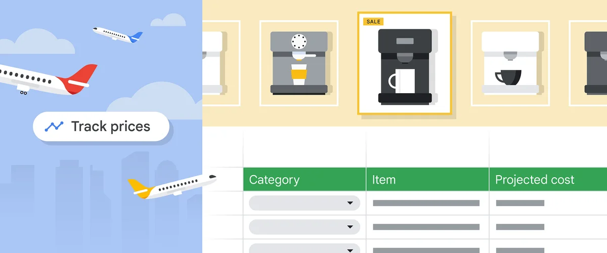 Illustration of various Google product features in a collage together. One shows a “track prices” bubble next to airplanes, another shows a row of coffee makers with one marked “sale” and the third image shows a Google Sheet budget tracking template.