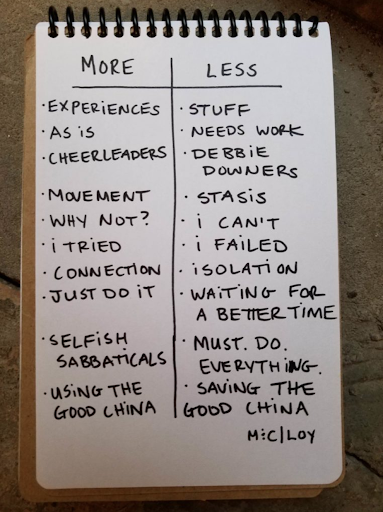 A handwritten list divided into two columns, one labeled “More” with items like “I tried” and “Connection”; the other labeled “Less” with items like “Stasis” and “I failed.”