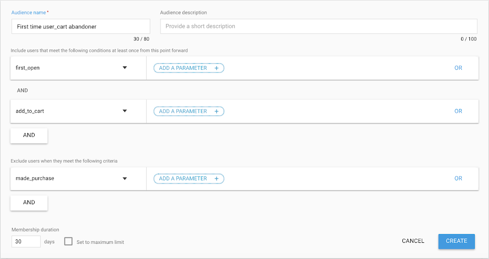 Build a dynamic audience for first time users that have abandoned their cart.