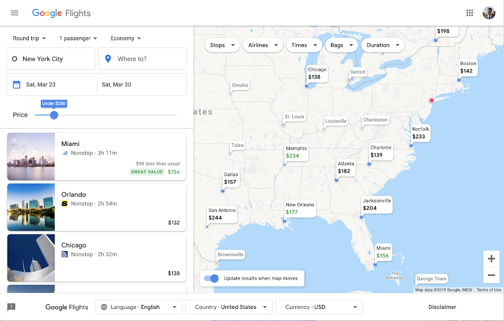 Flights Explore price filter