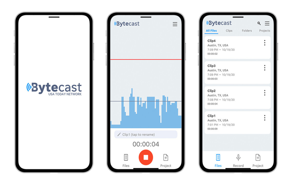 Screenshots of the Bytecast app show examples of how reporters in the field can easily record, edit and distribute audio clips