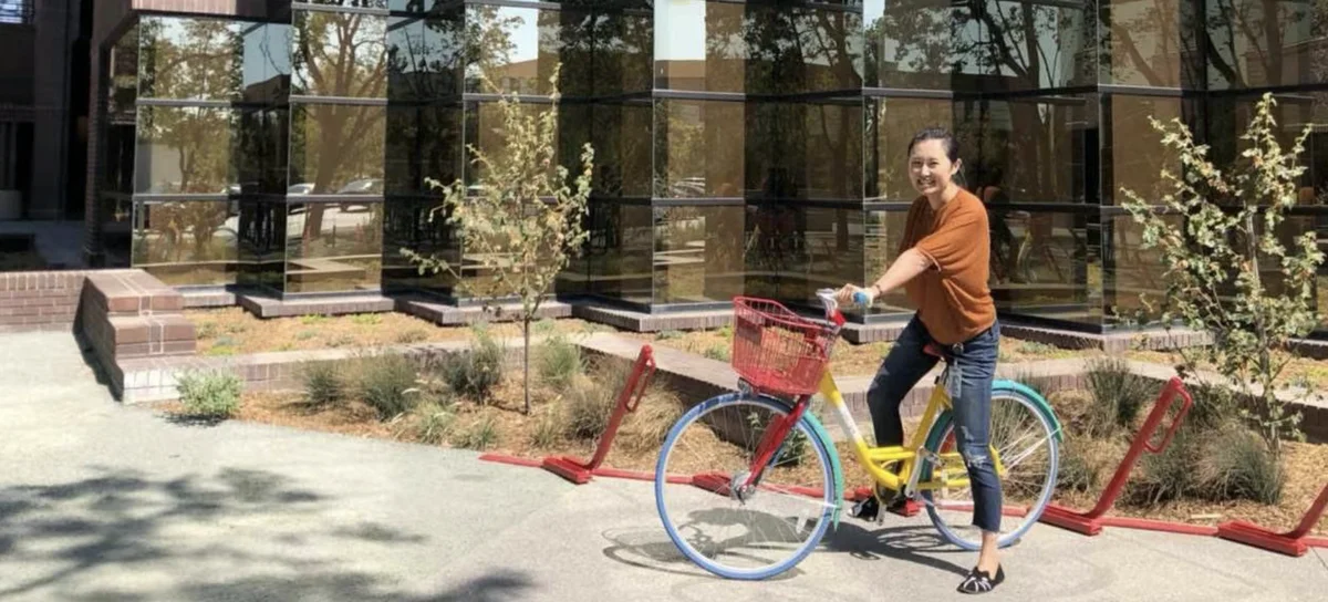 Belle on a Google bike outside.