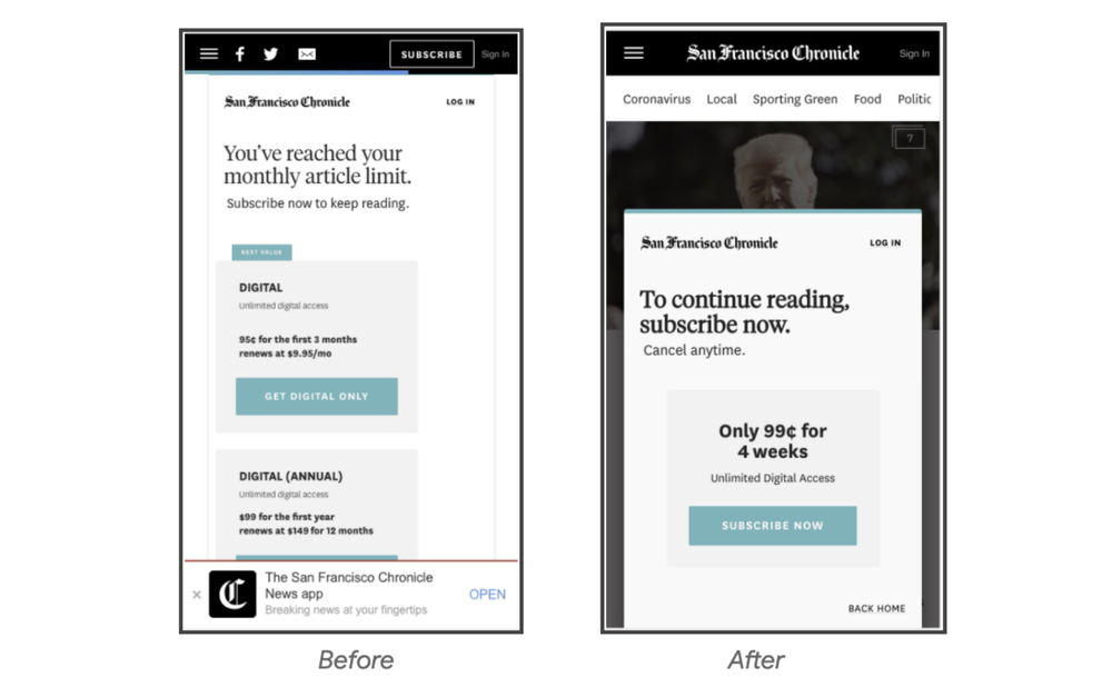 Screenshots of The San Francisco Chronicle's simplified new mobile subscription process