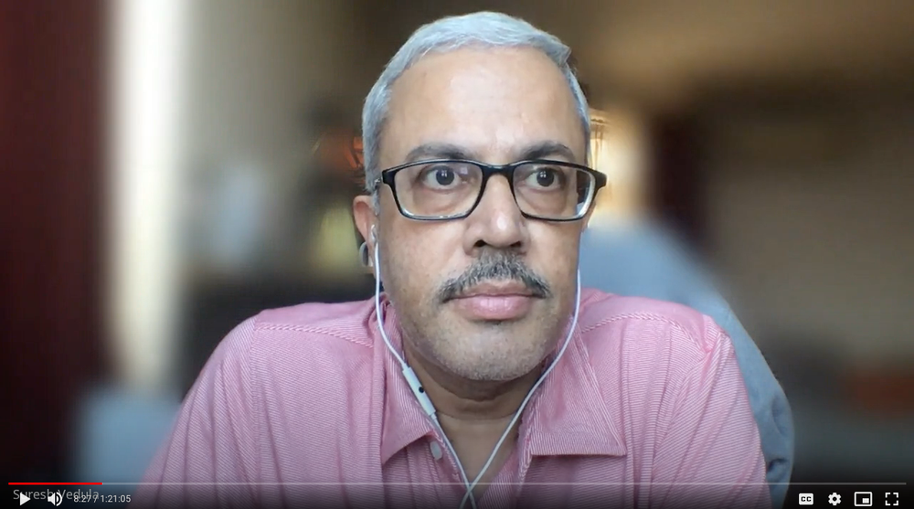 A screenshot showing Suresh Vedula as he carries out an online interview with a farmer involved in the Wadhwani AI project