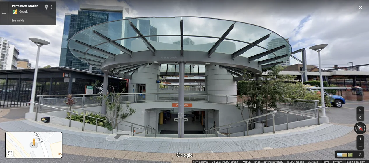Street View imagery showing the entrance of Parramatta train station in Sydney.