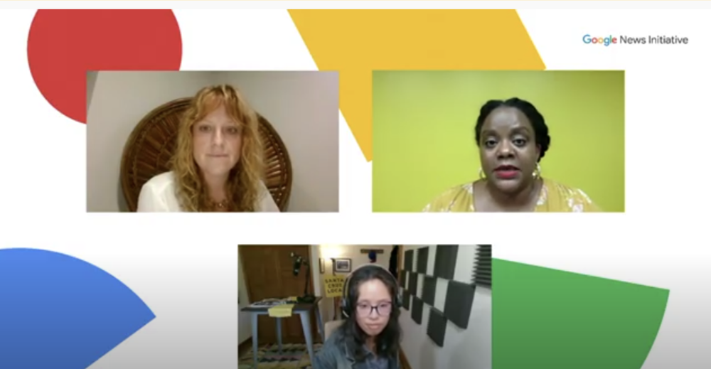 a screenshot of an online Startups Workshop. Three women are talking