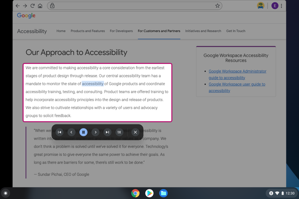 A screen with Select-to speak being used on the Google Accessibility website.