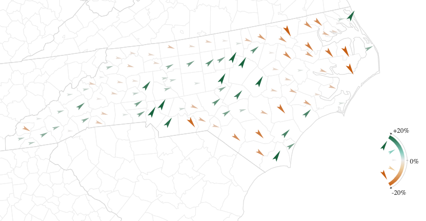 Esta imagen muestra datos demográficos cambiantes de Carolina del Norte, con flechas que muestran diferentes movimientos en todo el estado.