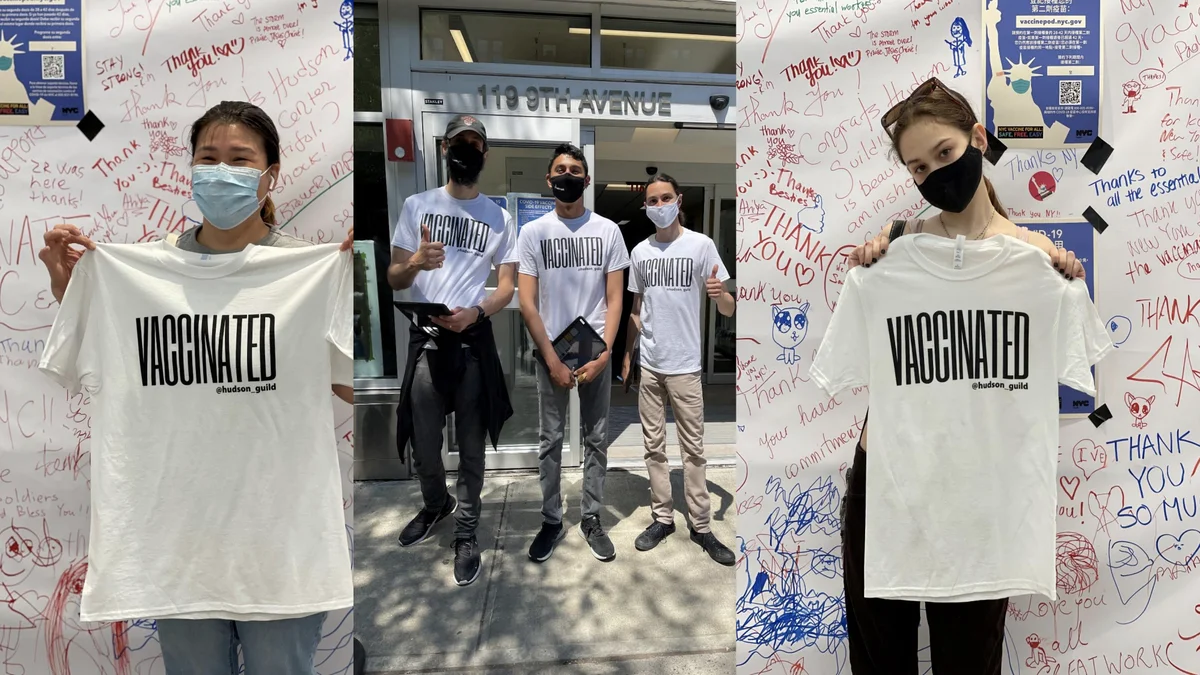 Various people wearing masks hold up t-shirts that say "vaccinated."