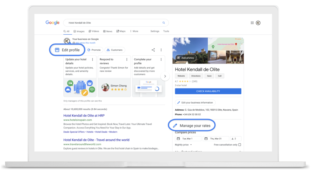 A desktop view showing multiple ways to manage rates through Google Business Profile, including an “Edit profile” link on the top left and a “Manage your rates” link on the lower right.