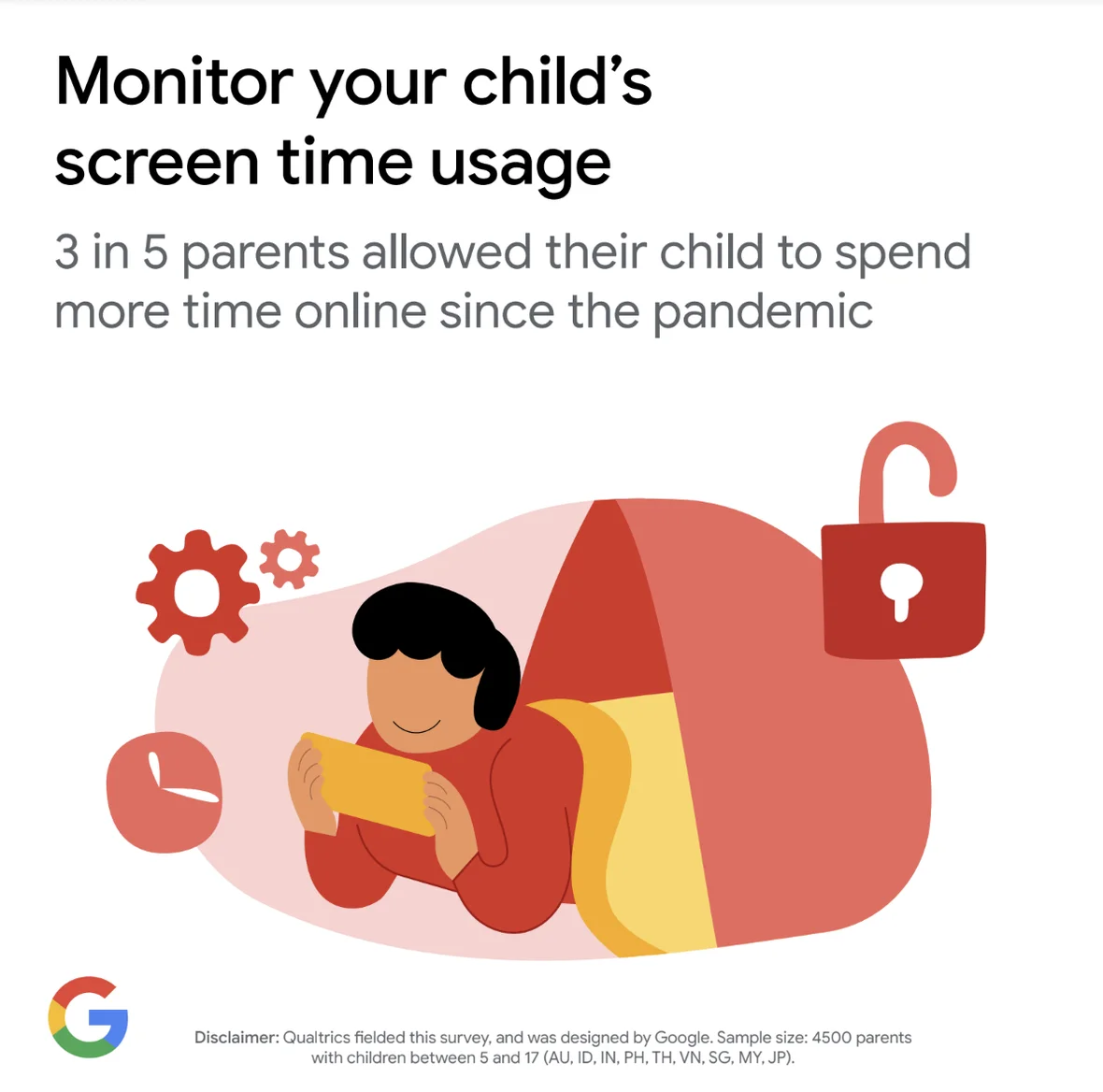 Illustration of person holding a smartphone, lying on their stomach, covered in a blanket. Text reads: "Monitor your child's screen time usage. 3 in 5 parents allowed their child to spend more time online since the pandemic"