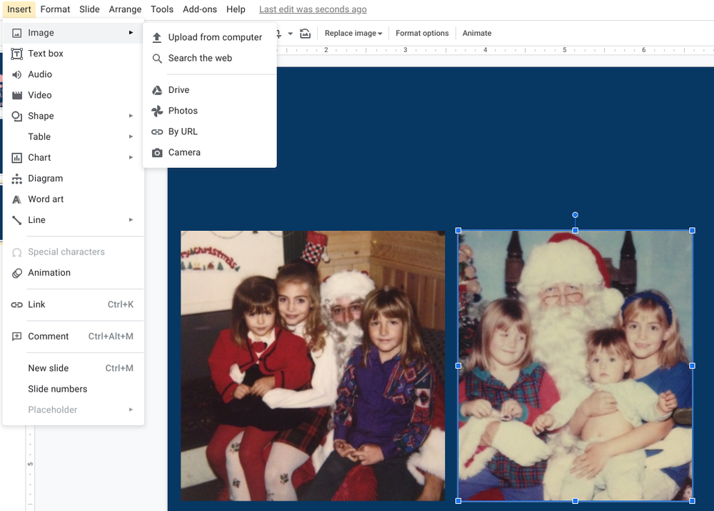 Image showing a dark blue slide and two photographs of small children with Santa being inserted onto the slide.