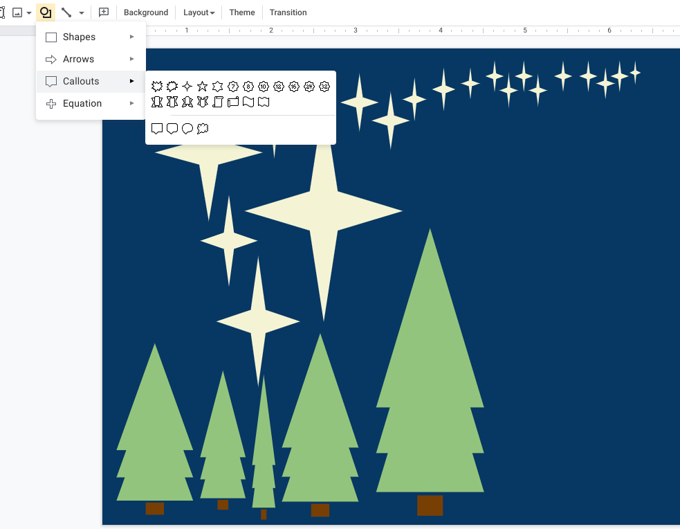 Images showing Google Slides open with a dark blue background and shape created trees and stars on the slide.