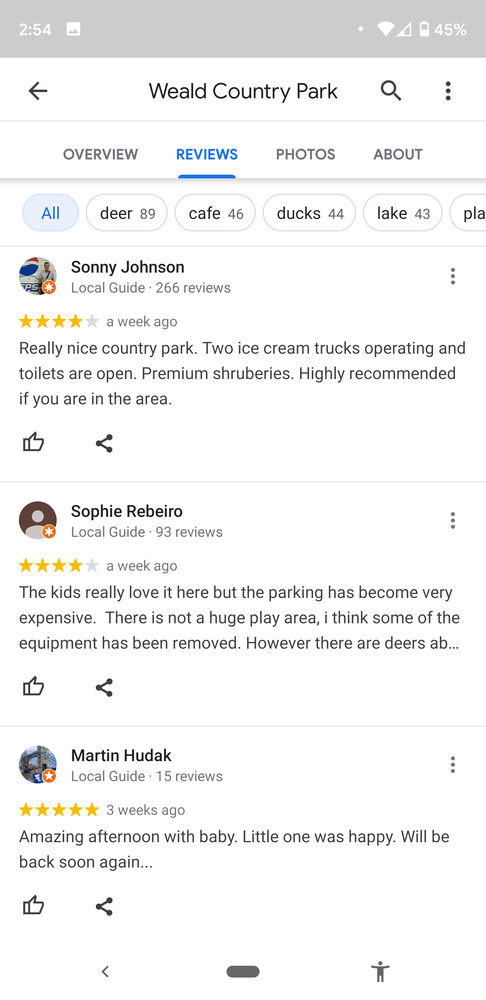 Screenshot of reviews of Weald Country Park