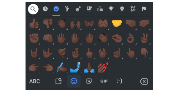 Image shows a texting keyboard with various hand emojis with the Black skin tone, except the handshake emoji, which is yellow only.