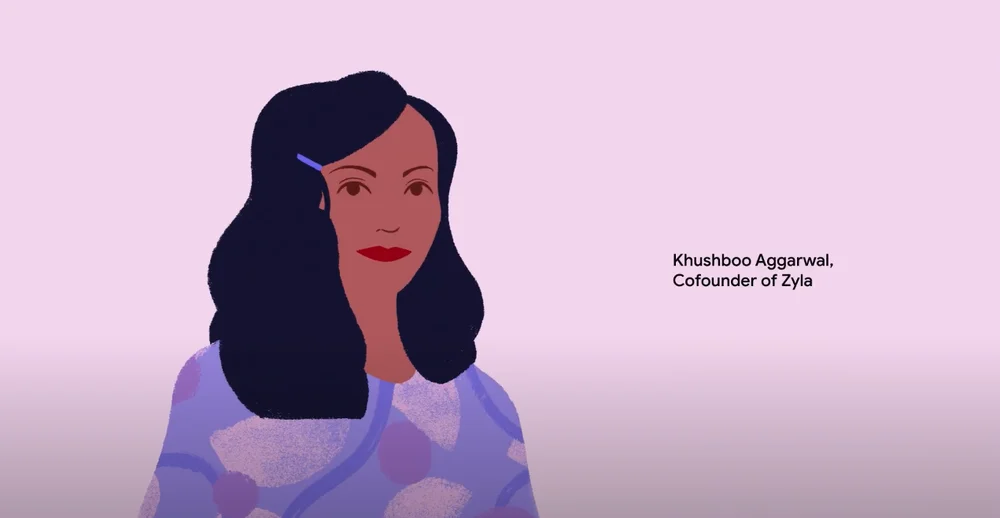 Alt text: An illustration of Khushboo Aggarwal from the inaugural class of the Google for Startups Women Founders Academy in APAC