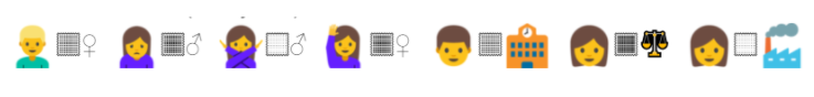 Illustration of a few examples of "broken" skin tone and gendered emoji.