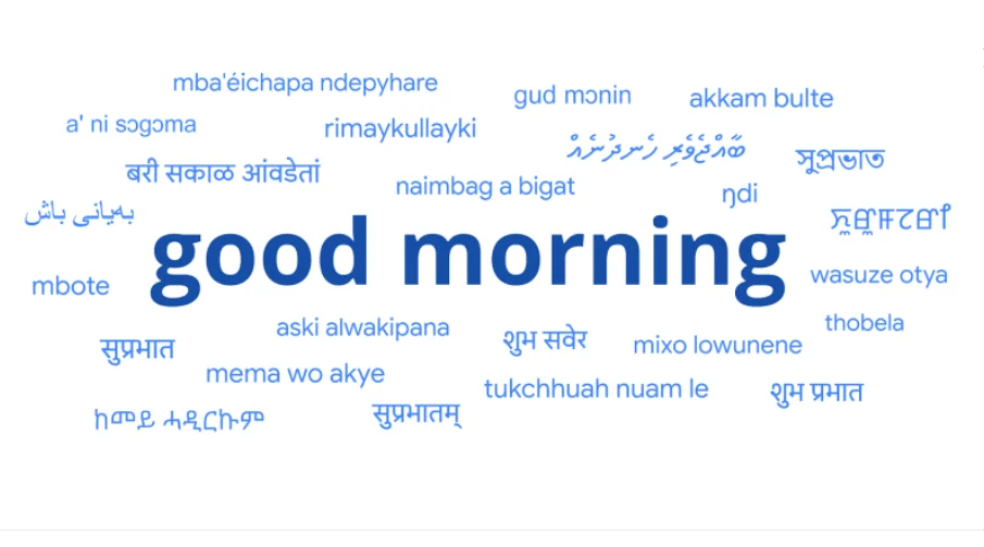 El texto "good morning" (buenos días) rodeado por 24 traducciones de la frase.