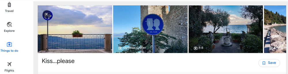 A screenshot of the “Things to do” tab on google.com/travel that’s pulled up the “Kiss…please” landmark. The panel shows various photos and a save option in the right hand corner.