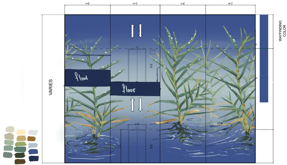 An illustration of the mural. It shows a dark blue background with a green plant, saltgrass, sprouting from the base.