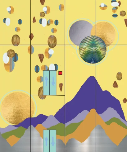 A sketch of the mural; it has a yellow background with a mountainscape against it. There is a low-hanging harvest moon behind the mountains and various circular abstract shapes in the sky.