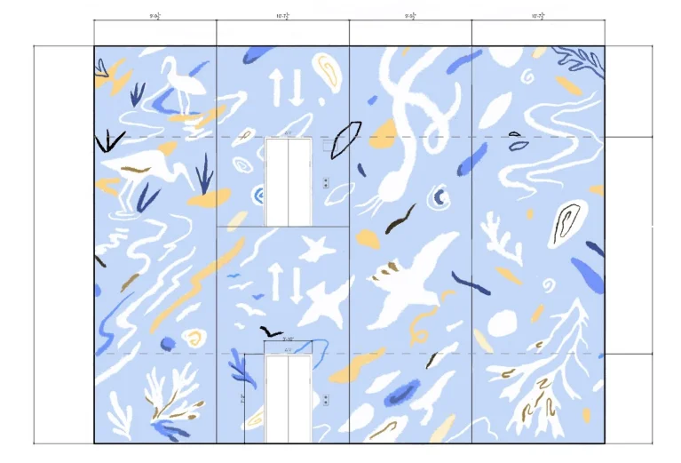 A illustration of the mural. It has a blue background with white, yellow and darker blue objects suggesting birds and marshland.