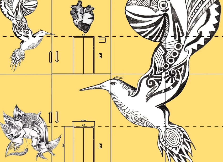 A sketch of the mural showing a yellow background with black and white drawings of hummingbirds and an anatomical heart.