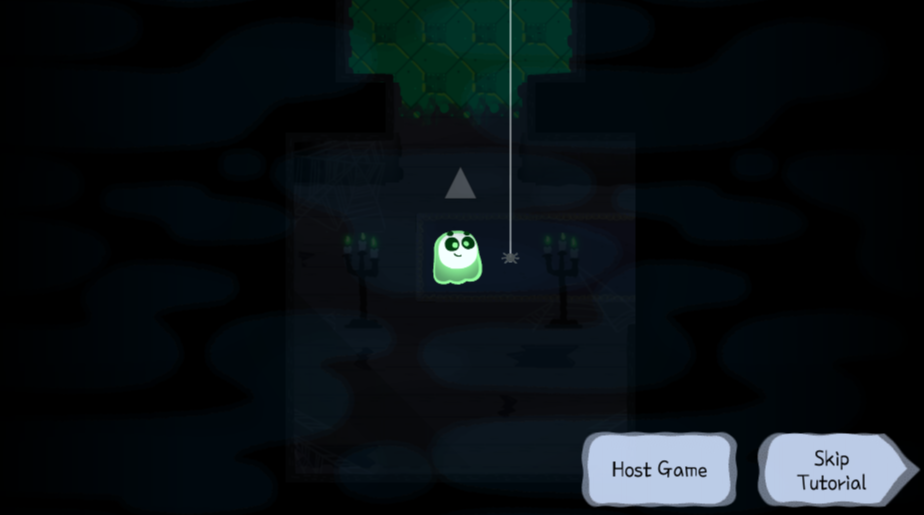 A screenshot of the Hallowee game. There’s a smiling cartoon character in the middle of the black screen, and two buttons in the lower right hand corner that read “host game” and “skip tutorial.”