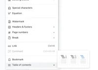 A screenshot of a Google Doc with a menubar option open. At the bottom, the cursor is selecting “Table of contents” to reveal three options; one with bolded black lines and numbers; another with bolded black lines, dots and numbers; and one with blue hyperlinked lines.