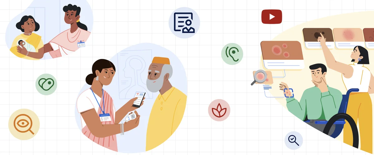 Illustrations of people using technology to access health information, interspersed with a series of health-related icons