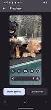 A screenshot of a Pixel phone’s wallpaper screen showing two dogs sitting in the back of a green pick up truck in the snow.