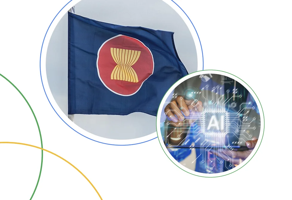 One circle containing a dark blue flag with a red circle containing a yellow symbol and one circle containing an image of the word "AI" with two hands and wires