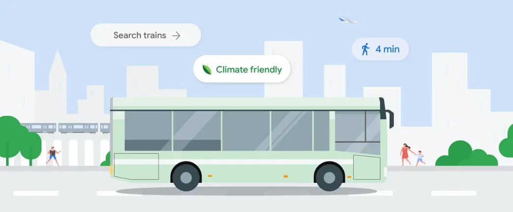 A graphic of a bus and train in a city streetscape, with text saying 'search trains', 'climate friendly' and '4 mins'