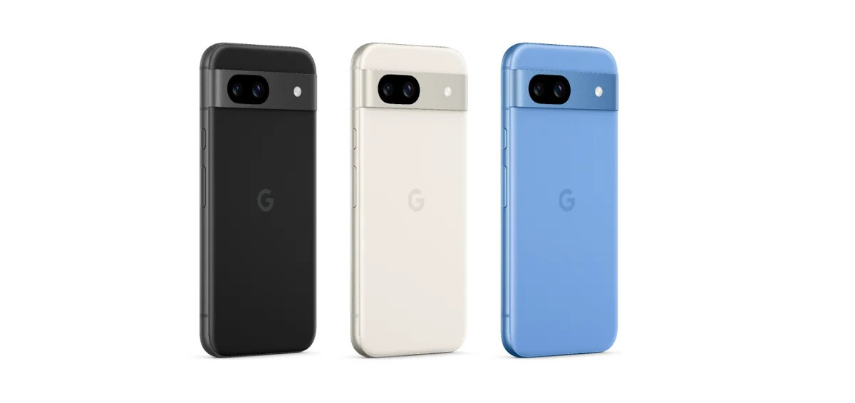 Pixel 8a phones in Bay, Obsidian and Porcelain.