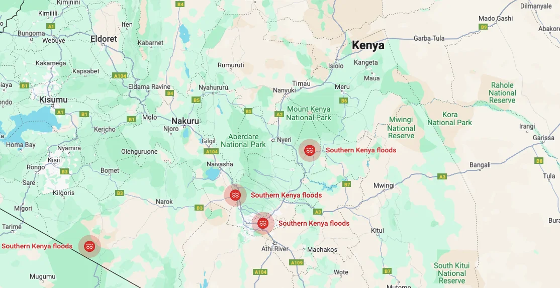 A Map shows emergency flood alerts in parts of Kenya