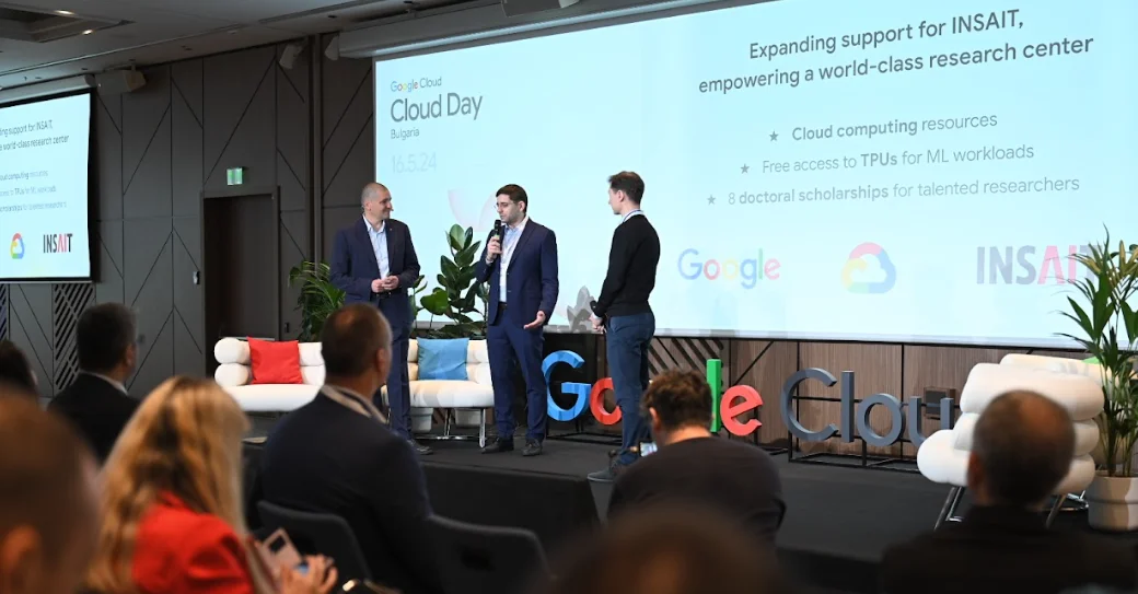 Boris Georgiev (Director CEE, Google Cloud), Prof. Martin Vechev (Full Professor at ETH Zurich, Founder and Architect of INSAIT) and Slav Petrov (VP Research, Google DeepMind) announced the new investment to INSAIT at Google Cloud Day in Bulgaria (May 16)